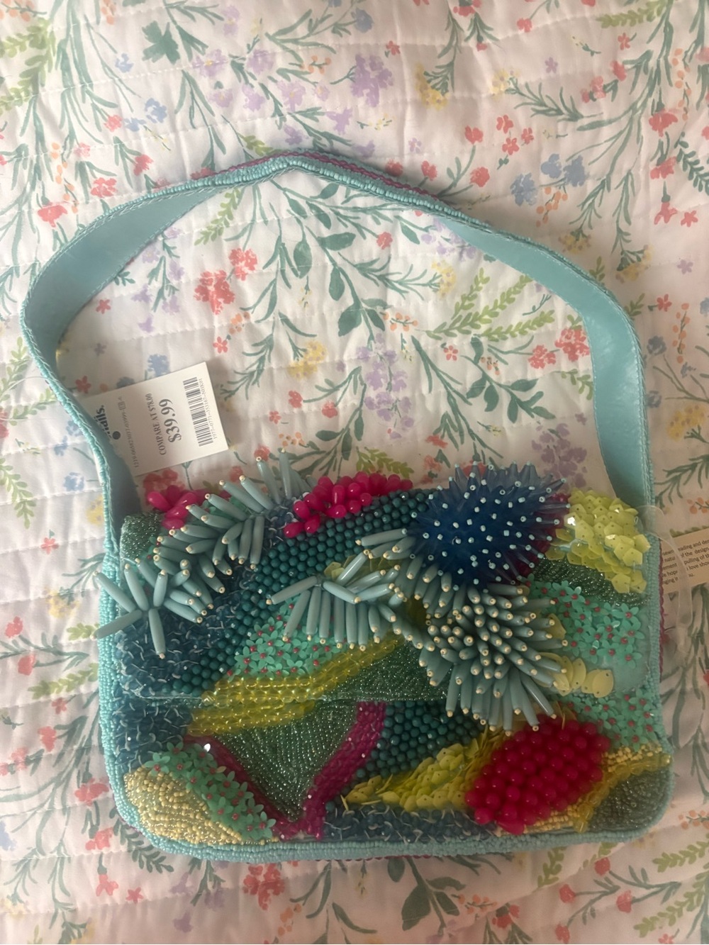 Beaded Embellished Aqua Shoulder Bag - Designer Style